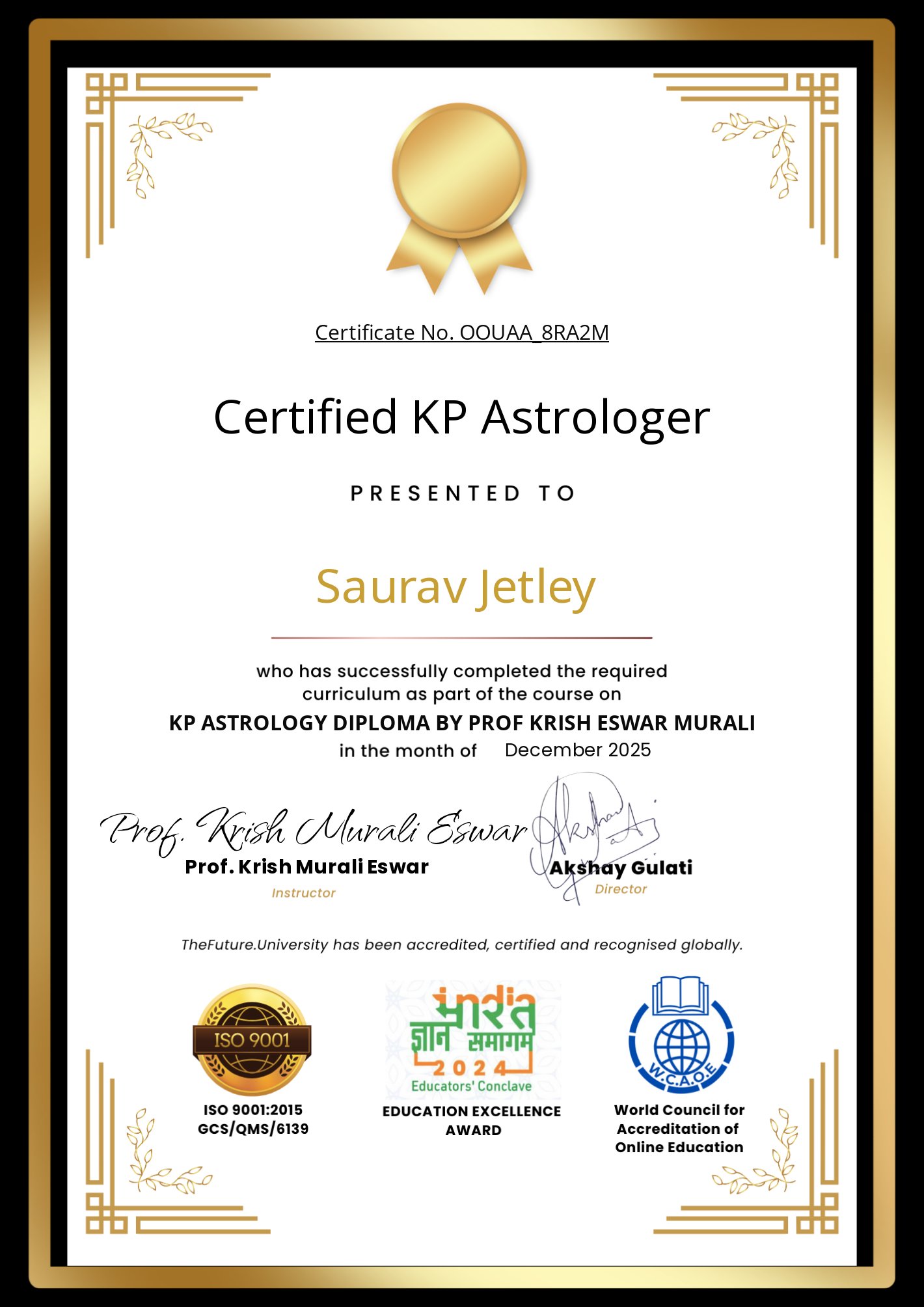 Captain Saurav Jetley Certified KP Astrologer Diploma — Prof. Krish Murali Eswar, December 2025