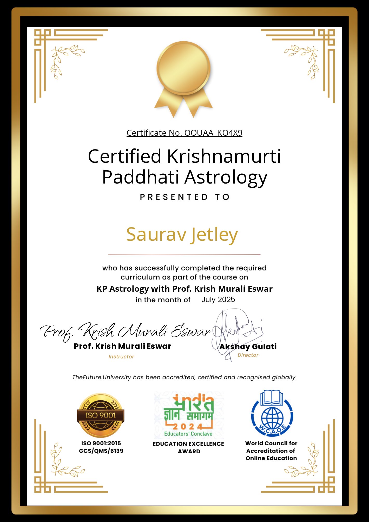 Captain Saurav Jetley Certified KP Astrology Bootcamp — July 2025